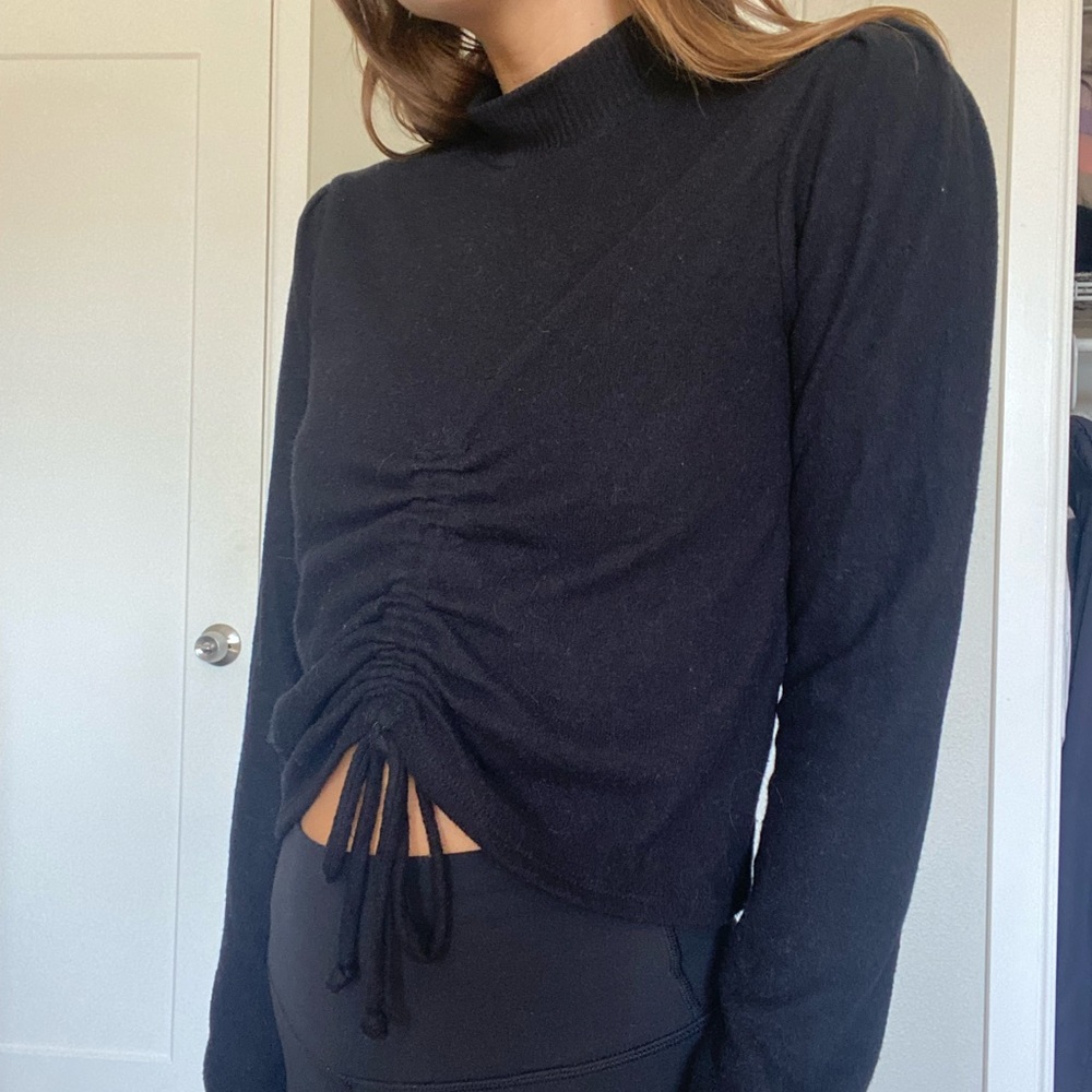 Project Social T Low Turtleneck Front Tie Black Sweater